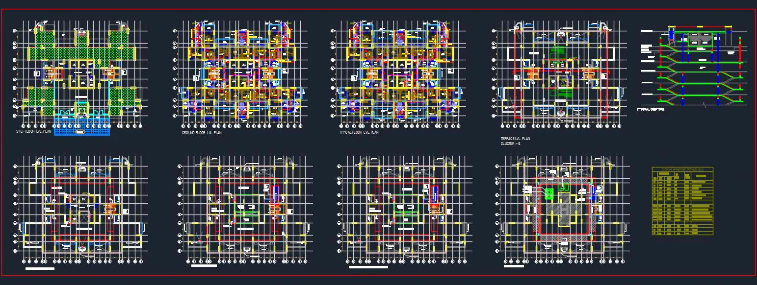 High-Rise Tower CAD Design with 2 BHK Flats, Floor Plans & Sections